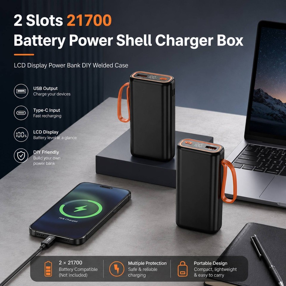 Black 2-Slots 21700 Power Bank Case Cage Durable Portable For PC ...