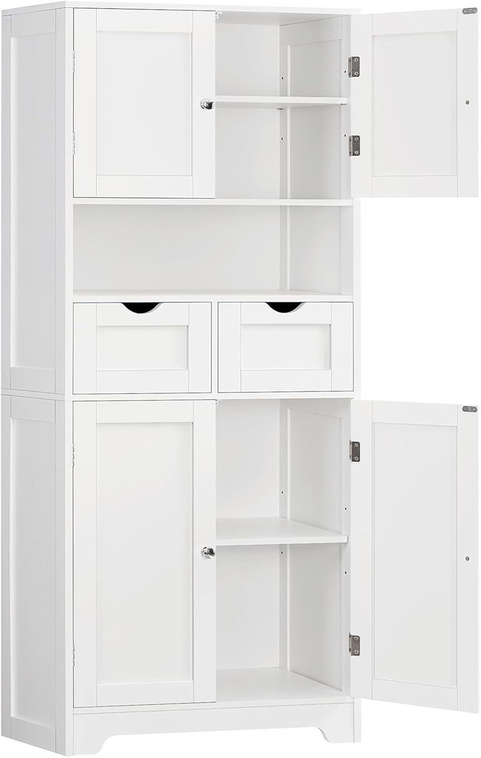 Tall Bathroom Storage Cabinet with 4 Doors, 2 Shelves, and 2 Drawers, White