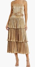 MAC DUGGAL Gold Metallic Plissé Square Neck Pleated Ruffle Belt Detail Dress 8 