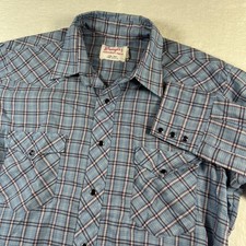 Vintage Wrangler Shirt Mens Large Blue Plaid Western Pearl Snap Long Tails USA