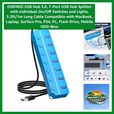 Elegant 7-Port USB Hub 3.0 with Individual Switches for Effortless Organization