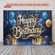 2D Flat, Elegant Blue  Golden Happy Birthday Party Backdrop - Banner with "Ha