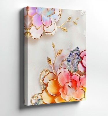 Wall Art 3D Floral Gold Foil Canvas Print Pink Yellow Flowers Abstract Decor