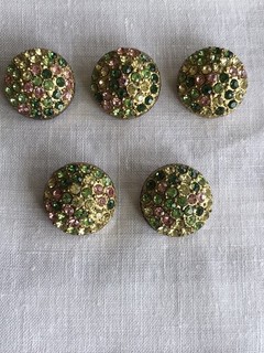 Vintage Lot of 5 Green and Pink Rhinestone Buttons Gold Tone