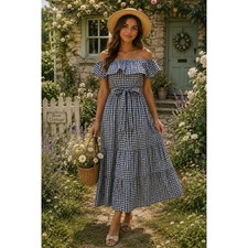 ELIZA J Size 6P Blue White Check Dress Cottagecore -1402