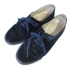 CHANEL Suede COCO Mark Lace-Up Flat Sneakers, Size 38 9.4"" , Black Women USED