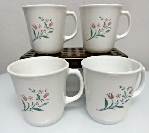 Vintage Corelle Corning Rosemarie pink tulip Coffee/Tea Mugs/Cups (Lot of 4)