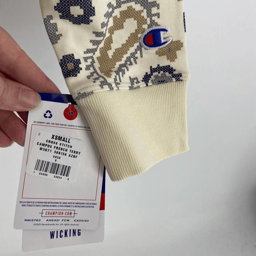 OFF WHITE Felpa Champion panna paisley Terry leggera manica lunga con cappuccio donna xs nuova con etichetta