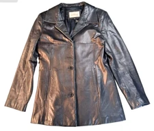 Lady Hathaway 100% Leather Black Jacket Coat Button Up Pockets Women Size MEDIUM