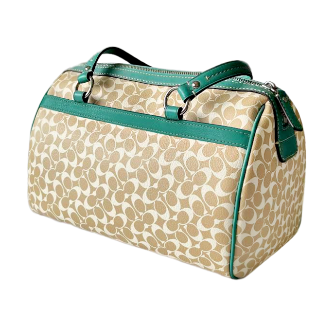 Coach Green & White Chelsea Heritage Stripe Leather Satchel Purse