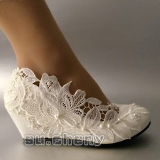 su.cheny White lace pearls flower wedge pumps crystal Wedding Bridal pumps shoes