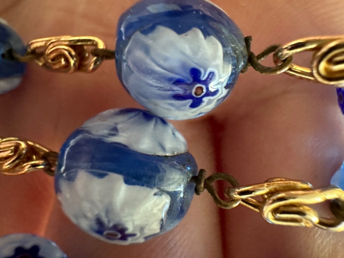 Collier Vintage Verre Murano – Sulfures Baguettes Toupies – Années 60 – Ambre & Bleu – Occasion