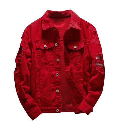 Mens Denim Jacket Button Hip Hop Bomber Jacket Hole Casual Cotton Jean Jacket - Picture 22 of 26