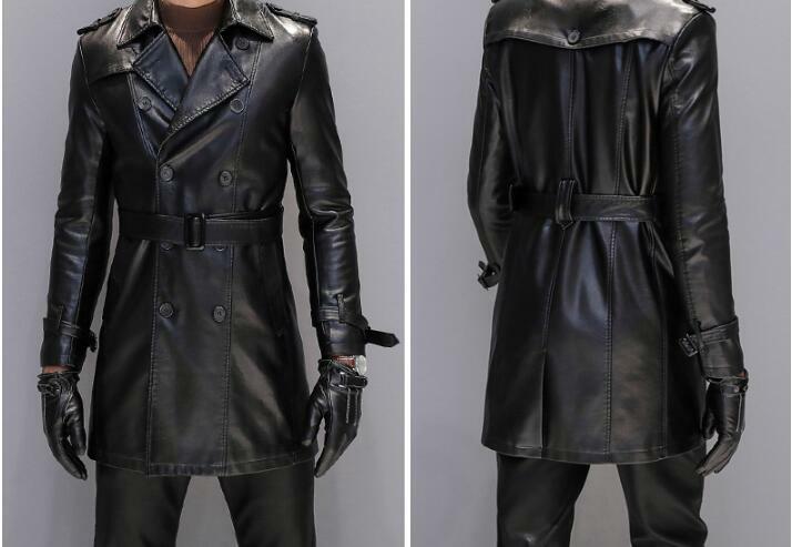 Men's Leather Double Breasted Jacket Motorcycle Military Mid