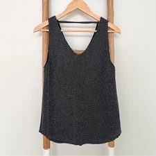 [elodie] metallic mini chevron stitched double v neck tank blouse black silver M