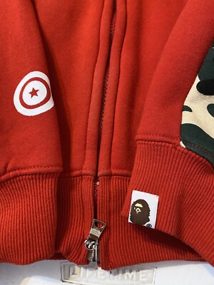 A BATHING APE シャークフード パーカー RED XL SIZE Men's A Bathing Ape Shark Hoodie Full Zip Red Sweatshirt Size XL