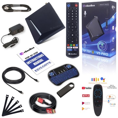 vSeeBox V5 Pro   8K HDMI, 64GB USB, Cable Ties, Air Mouse, Keyboard, Cat6 Cable