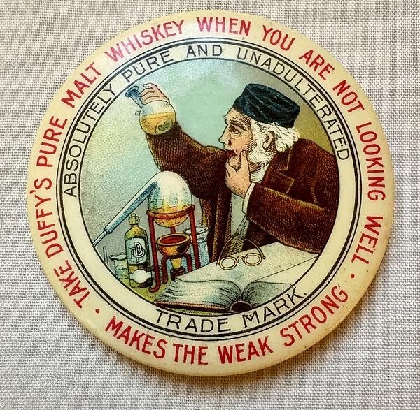 Vintage Round Celluloid Pocket Mirror Advertising Duffy' Pure Malt Whiskey