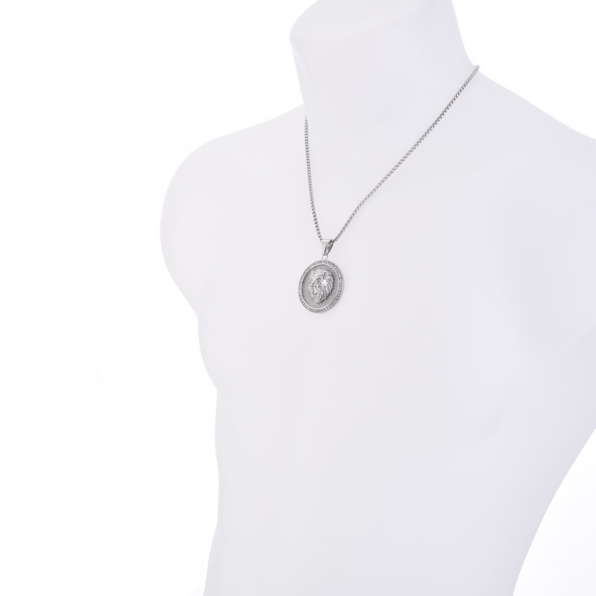 Stainless Steel Iced Silver Tone Lion Pendant Box Chain Stainless Steel Iced Silver Tone Lion Pendant Box Chain