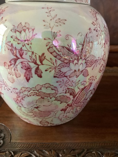 Vintage 6.5” Maling pearl lustre ginger jar vase & cover butterflies, birds etc - Picture 20 of 24