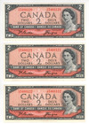 1954 Bank of Canada $2 Banknotes - Unc - 3 Consecutive - Y/B Prefix