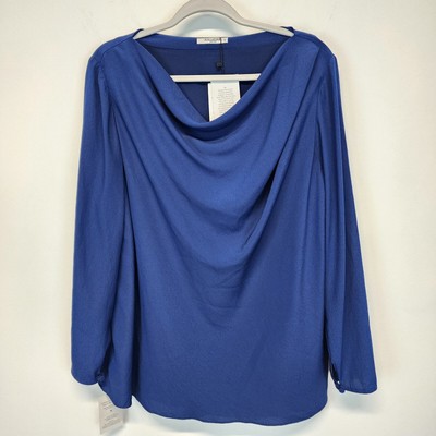 MM. LaFleur Friedan Top Blouse Cowl Neck Blue Crepe Office Chic Career Size 1X