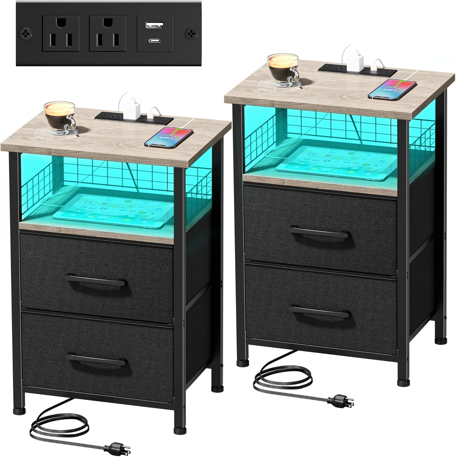 Modern LED Nightstand Set of 2 with USB Charging & Color-Changing Lights