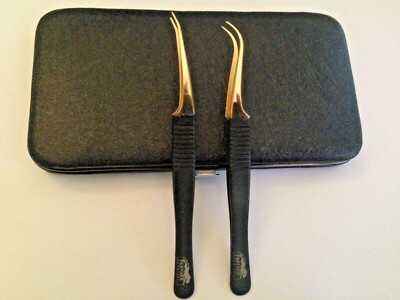 Beauty Pflege Set 2 Stück schwarze Griffe gold spitz Augenbrauen Wimpern Pinzette 