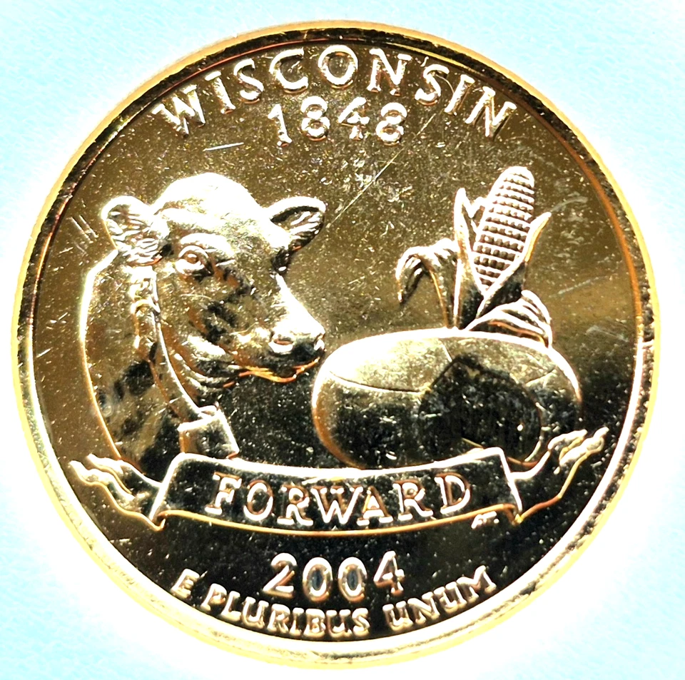 2004 D Iowa and 2004 D Wisconsin 24k Gold Plated State Quarters in Capsules - Image 2 of 4