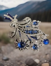 Rare Crown Trifari Signed Huge Flower Brooch Blue Gem Stone Rhinestones Pin VTG