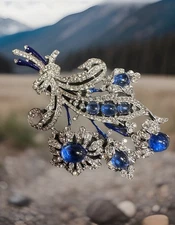 Rare Crown Trifari Signed Huge Flower Brooch Blue Gem Stone Rhinestones Pin VTG