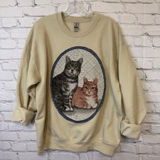 Upcycled Vintage Cat Tapestry Sweatshirt Cottagecore Cream Crewneck Size Large