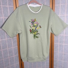 Vintage Sage Green Floral Butterfly Short Sleeve Sweatshirt Double Crew Neck