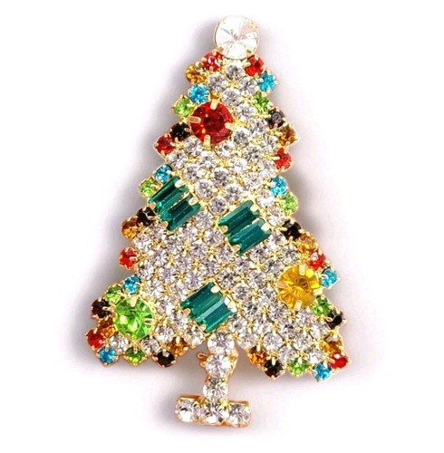 Signed Christmas Tree Brooch Pin Prong Set Rhinestones
