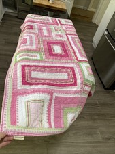 Pottery Barn Kids Baby Crib Blanket Quilted Pink Ribbons Girls 35" x 49" - EUC