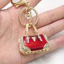 Red Shiny Rhinestone Enamel Keychain Purse Bag Backpack Pendant Women Gift
