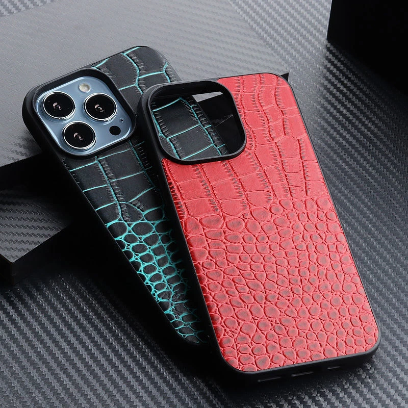 Genuine Leather Case For iPhone 14 Pro Max 13 Retro Crocodile Texture Back Cover - Image 2 of 4