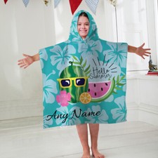 Kids Personalised Hooded Towel Hello Summer Blue Childrens Bathrobe Swim Bath