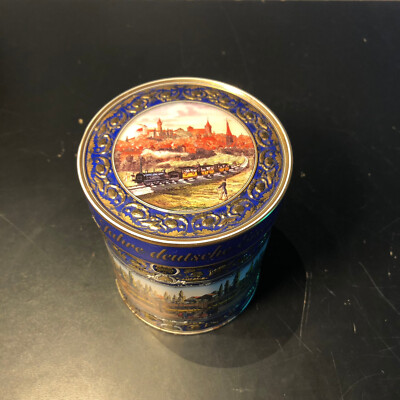 Lebkuchen SCHMIDT Dose ohne Inhalt Blech Goldene 3D Verzierung blau H 13,5 cm