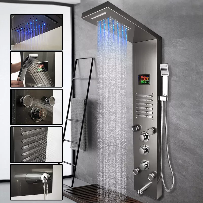 Black LED Shower Panel System Digital Display Massage Jets 6 Way