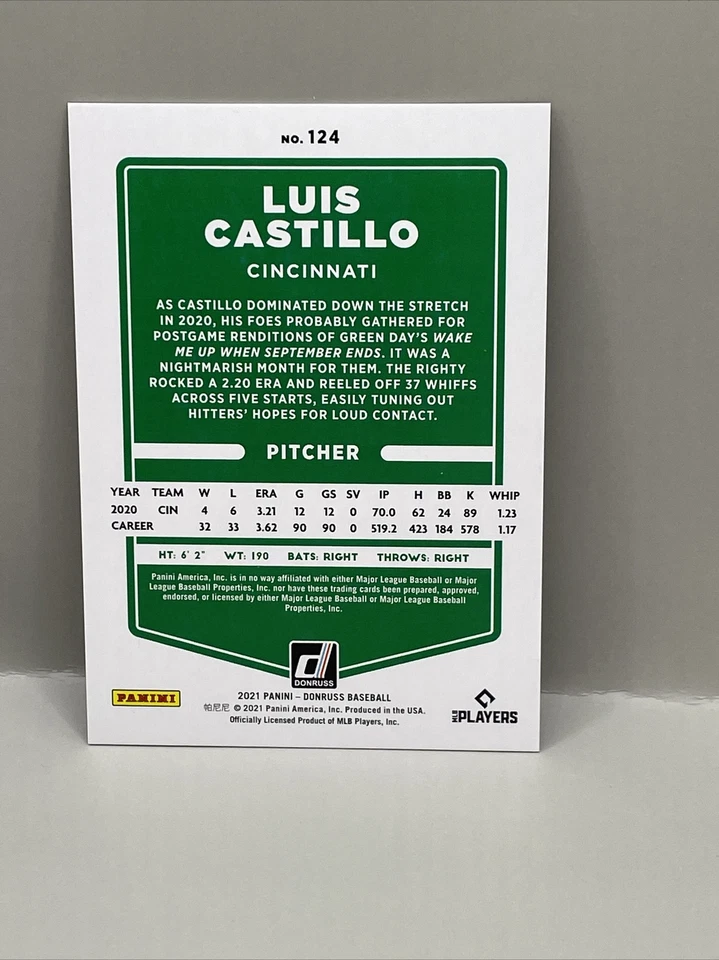 2021 Panini Donruss Luis Castillo #124 RED PARALLEL #d /2021 Cincinnati Reds - Image 3 of 3