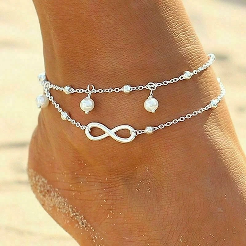 Women Double Ankle Bracelet 925 Silver Anklet Foot Jewelry Girl's