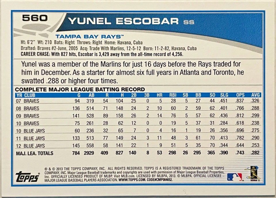 2013 TOPPS 560 YUNEL ESCOBAR TAMPA BAY RAYS eBay