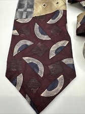 Vintage Chez Roffe Men  s Silk Necktie Maroon Silver Tan Abstract Design