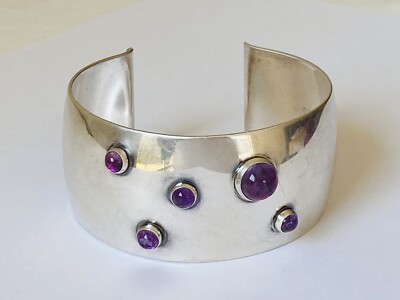 Heavy Vintage N E FROM Denmark Sterling Silver Amethyst Modernist Cuff Bracelet