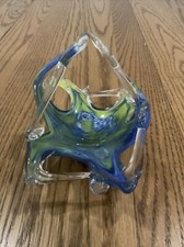 Murano  unique hand made blown and stretched glass dish basket Blue And Lime