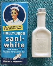 VINTAGE Hollywood Sani-White Shoe Polish Box  Bottle partly full 3.3 oz Retro