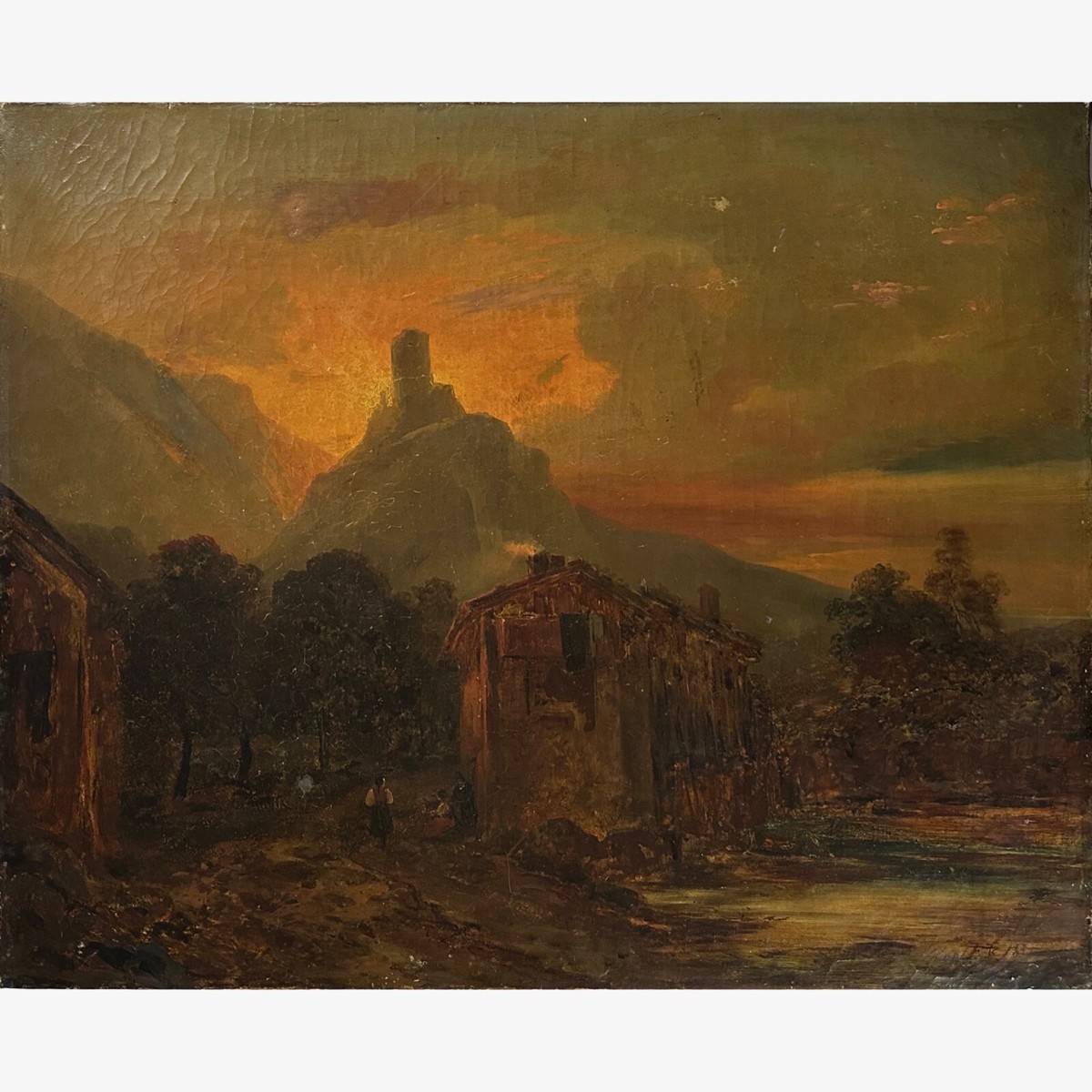 Antique 18th C. French Romanticist Landscape w/ Castle & Figures