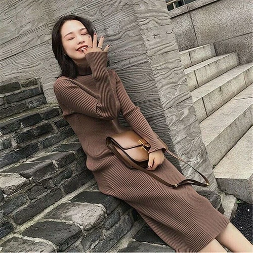 Damen Strickpullover Kleid Rollkragenpullover Langarm gerippt Pullover Freizeit Winter - Bild 1 von 25