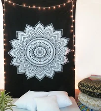 Cotton Tapestry Wall Hanging Indian Bohemian Black Twin Size Sunflower Tapestry
